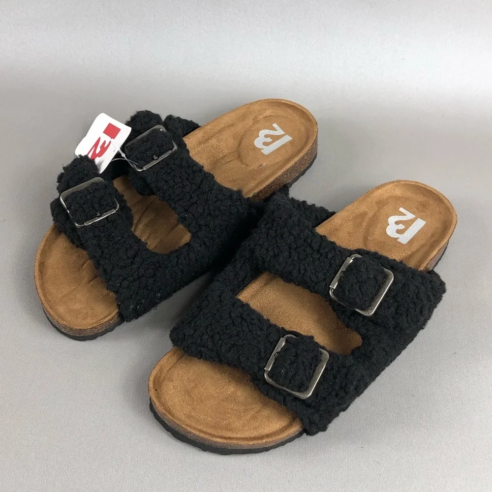 R2 Bernette Black Sherpa Teddy Shearling Buckled Double Strap Sandals - Picture 4 of 8